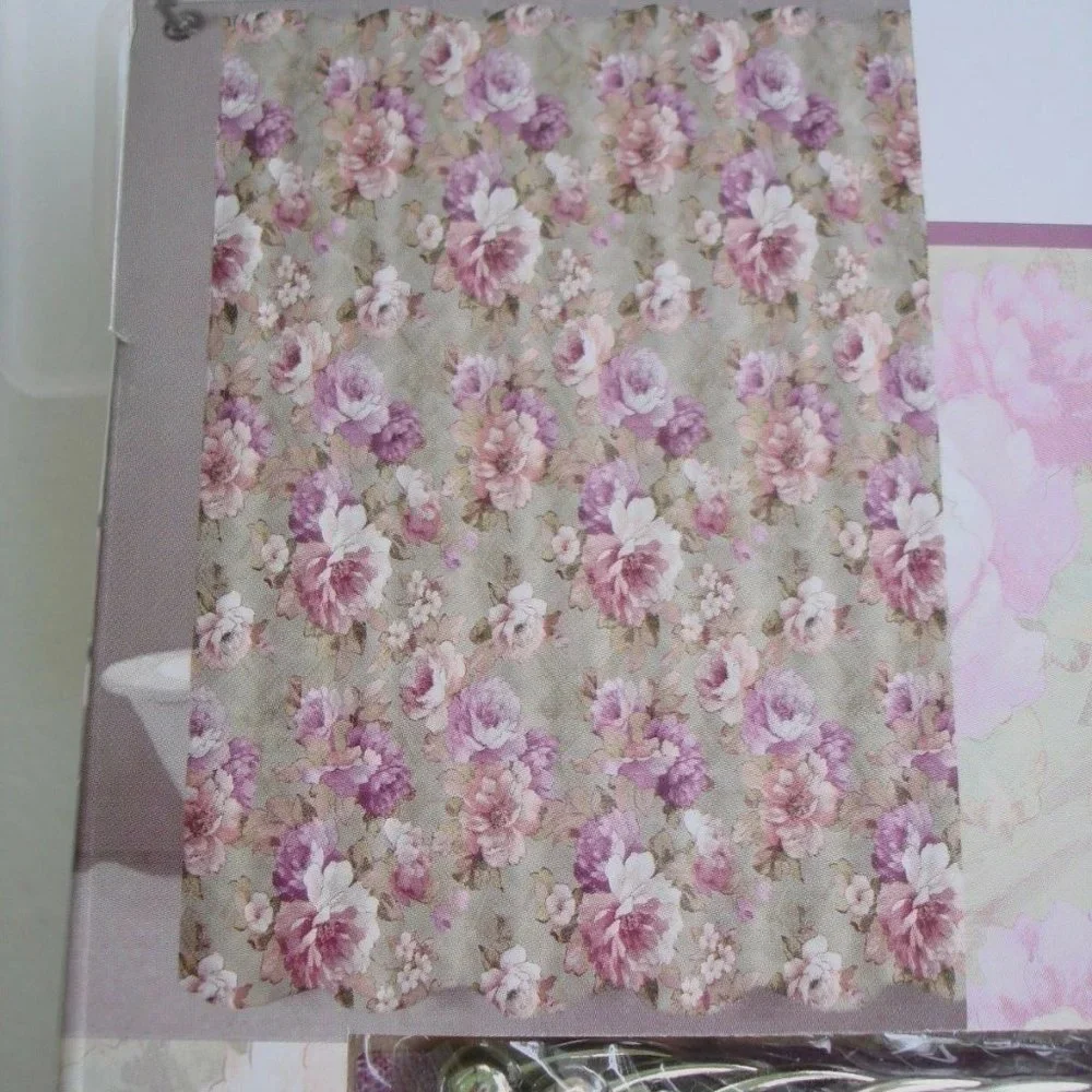 NEW Floral Shower Curtain Set with Roller Ball Beaded Rings Beige Floral Cottage